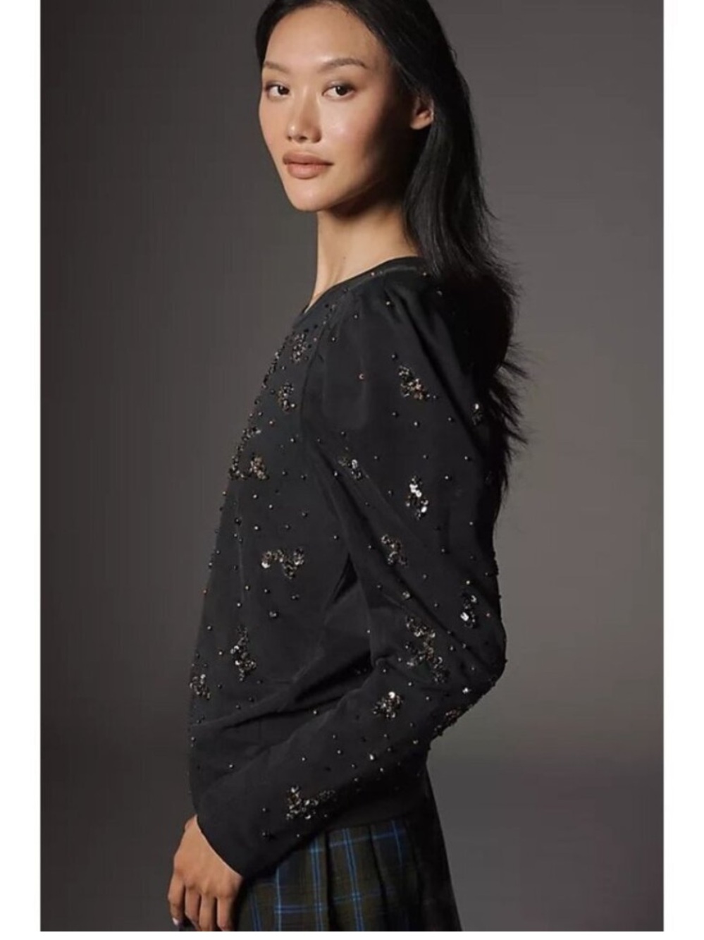 Anthropologie Pilcro Charcoal Top with Gold and Bronze Sequin Embellishment